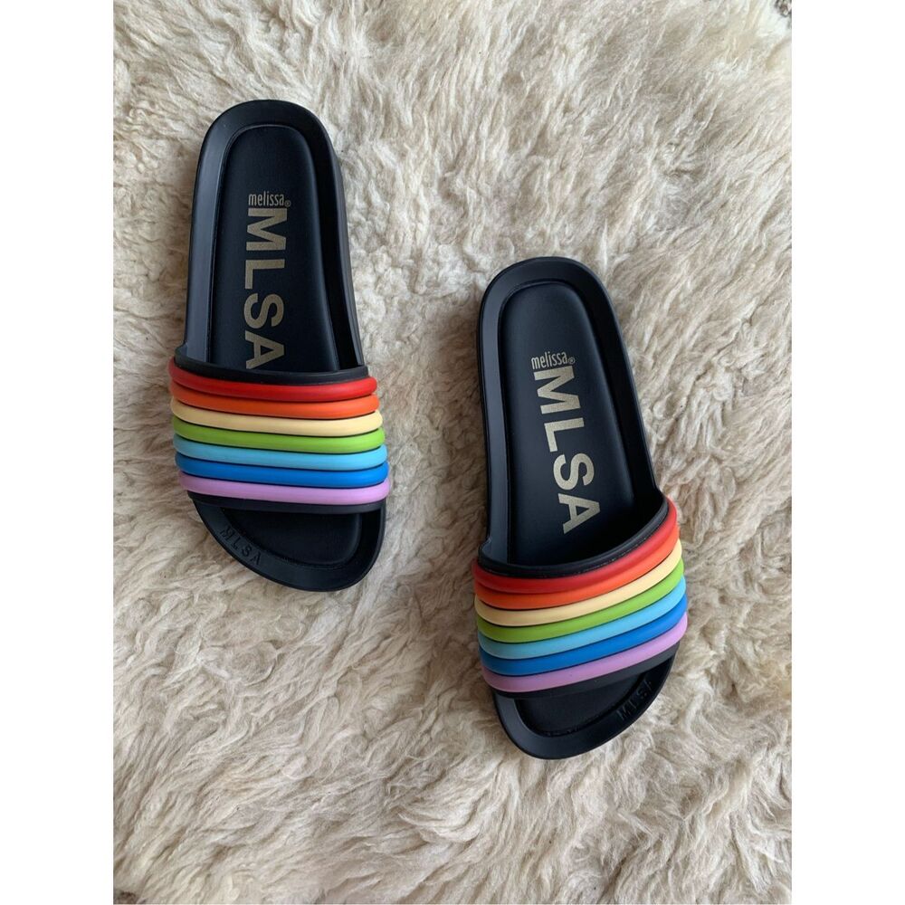 Melissa Rainbow Beach Slide Black Rainbow Size 7 - Picture 5 of 12
